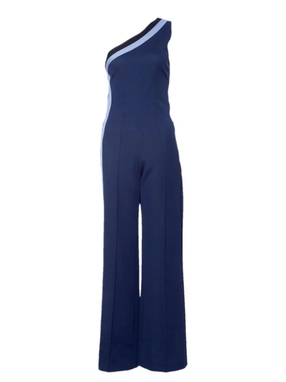 Golden Goose Navy One-Shoulder Jumpsuit with Light Blue Stripe